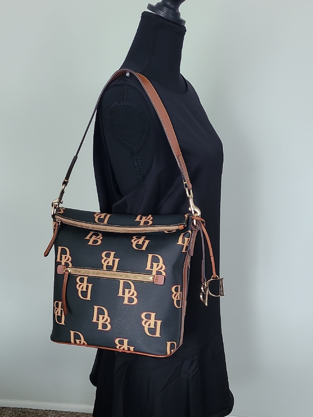 Monogram Print Dark Gray and Brown Shoulder Bag